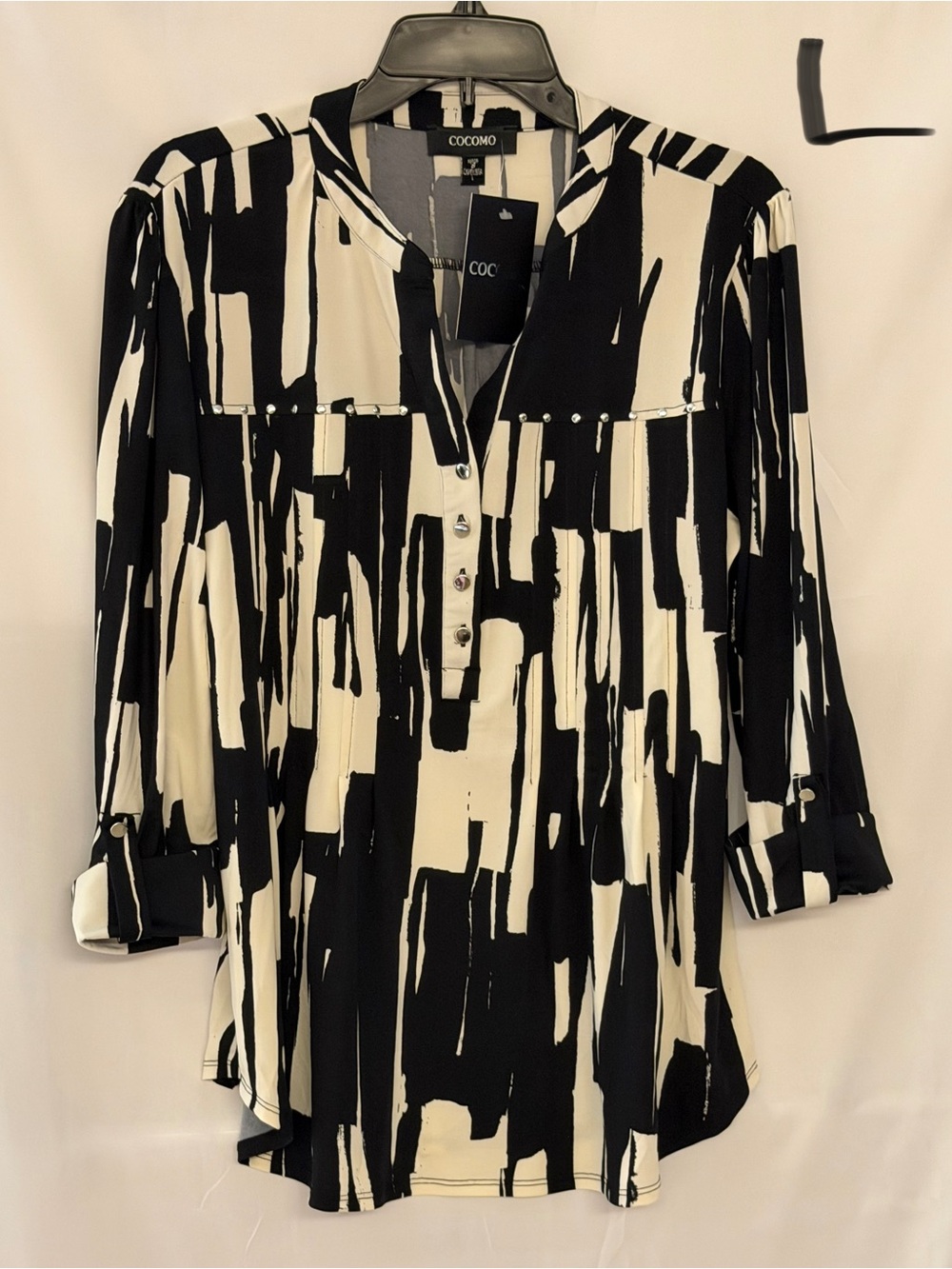 Cocomo Black & White Abstract Stud-Trim V-Neck Tunic